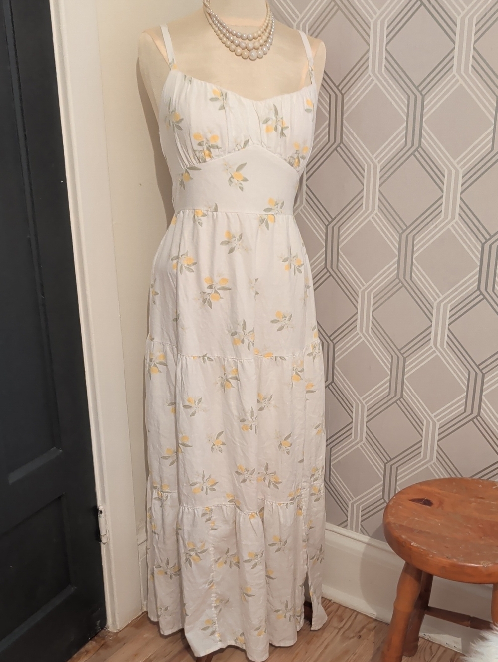 Hollister White Maxi Dress with Yellow Floral Print